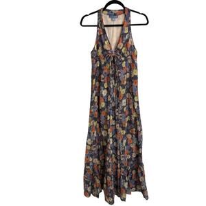 Anthropologie Lil Dress Womens 6 Navy Floral Halter V-Neck Maxi Cotton Silk